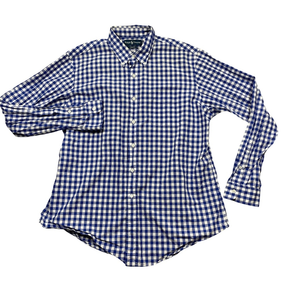 Ralph Lauren XL‎ Blue Check Custom Fit Long Sleeve 100% Cotton Pocket Button
